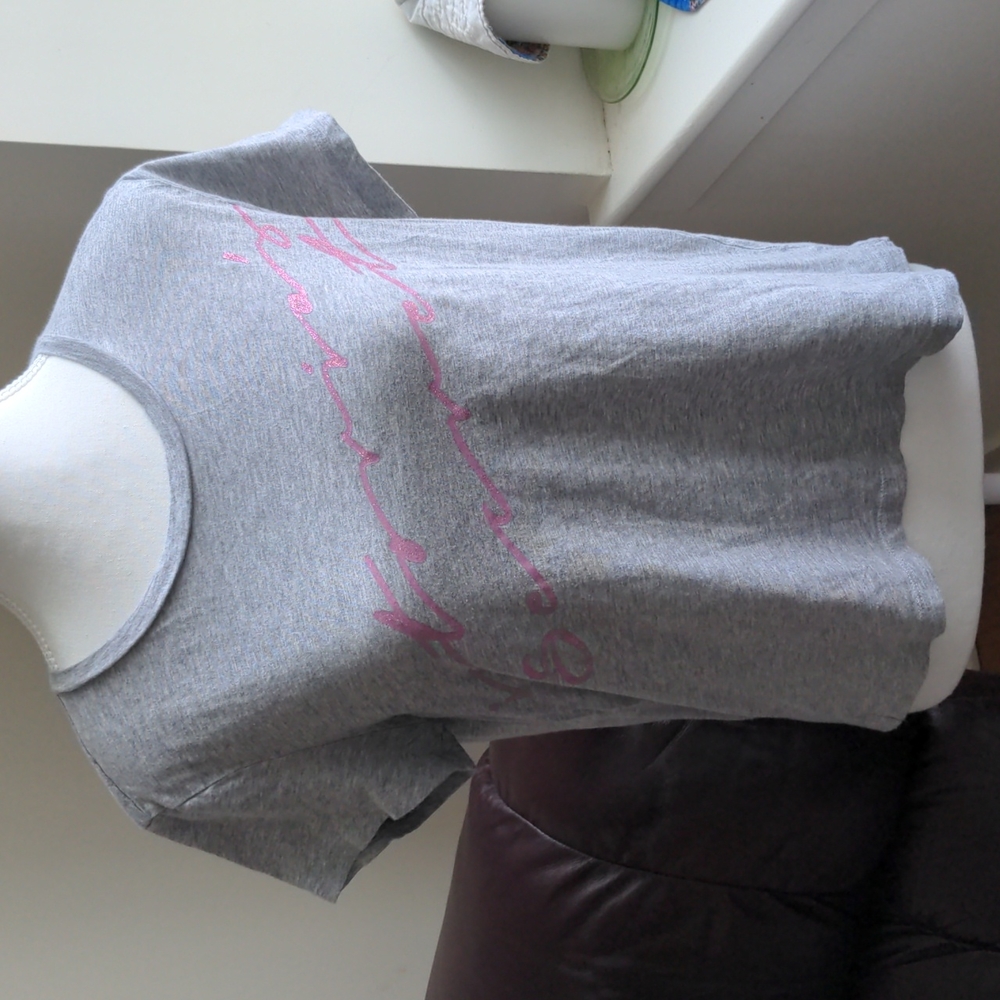 Victoria's Secret gray Medium Tee with pink sparkly logo.